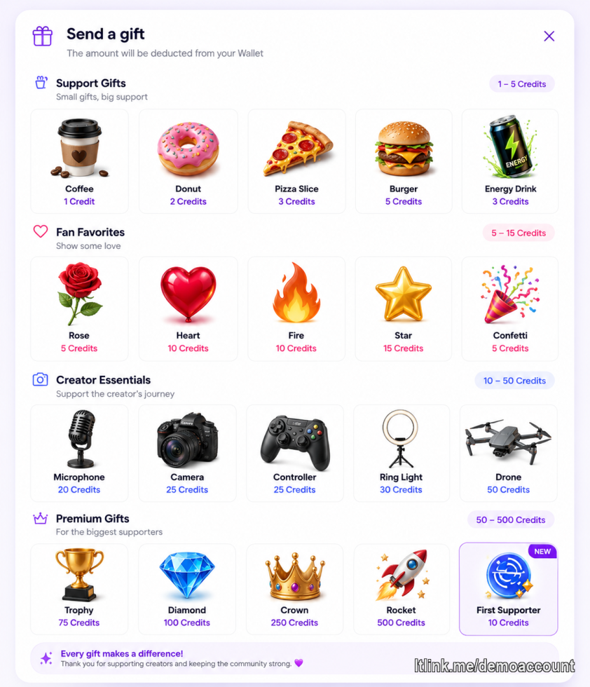 Fans can send gifts to support their favorite creators.
Every contribution helps creators continue creating.