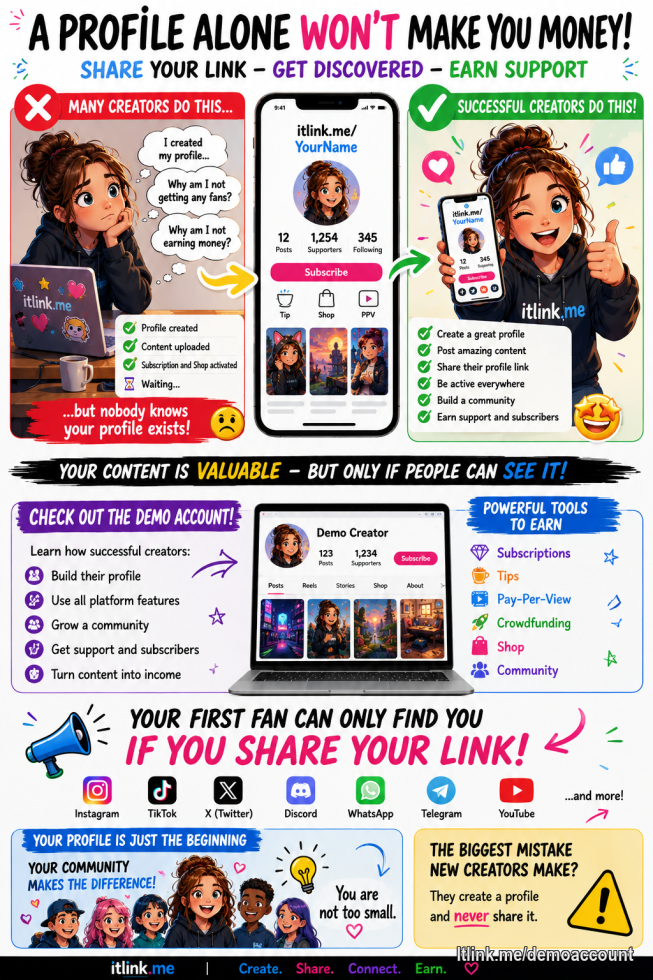 ⚠️ The most important thing!
Share your profile link on all your social media channels! Your followers are your supporters of tomorrow and your itlink.me community ❗️